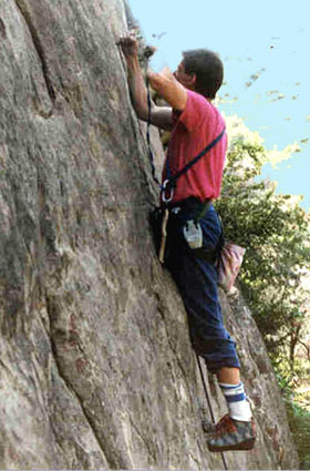 Reese drilling on lead during the first ascent of From the Ashes, 5.10b, Ojai, in 1987