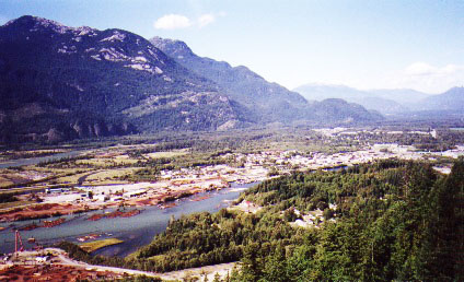 View of the town of Squamish from Flake Ledge on the Grand Wall
