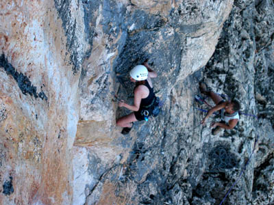 Dawn leading Shiver Me Timbers, 5.10c