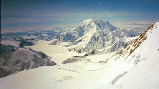 Looking down from the 17K foot camp towards the 14K camp, large crevasses, and the ever-beautiful Mt. Foraker.