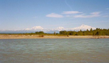 Mt. Foraker, Mt. Hunter, and Denali across the Talkeetna River.  Oh, what a view!