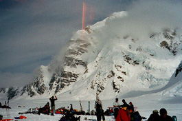 The Moonlight Buttress of Mt. Hunter, shrouded in fog/blowing snow from the Kahiltna airstrip.