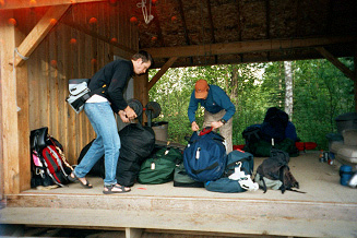 Jason and Josh organizing gear at the Talkeetna Air Taxi bunkhouse.