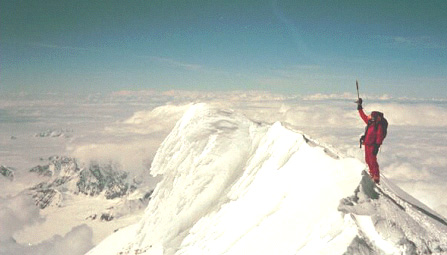 On Denali's famous knife-edge summit ridge.  The exposure here was tremendous, but the kicked in steps were very secure and, for the most part, were not right on the edge of the ridge.