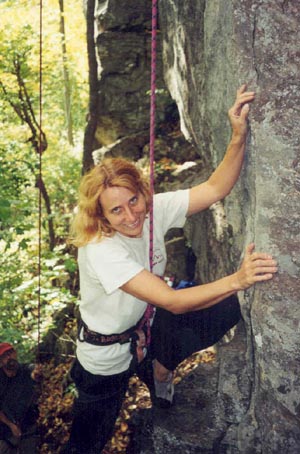 Me on Chicken Parts (5.10a) at Rumney