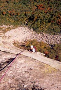 Dawn pulling over the Fickle Finger of Fate on Moby Grape (5.8) at Cannon