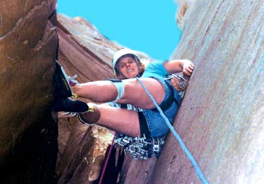 Me leading the third chimney pitch on Epinephrine (5.9)