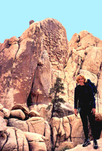 Me in front of the Swiss Cheese wall at Joshua Tree